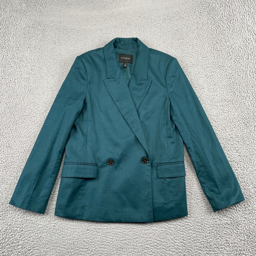 Banana Republic Blazer Womens 6 Teal Double Breasted Linen Blend Peak Lapel